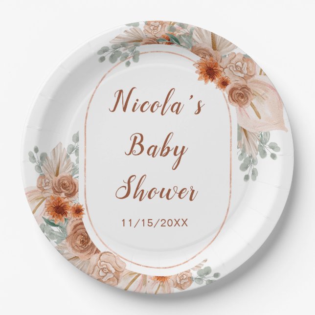 Assiettes En Carton Boho Terracotta Pampas Baby shower en herbe (Devant)