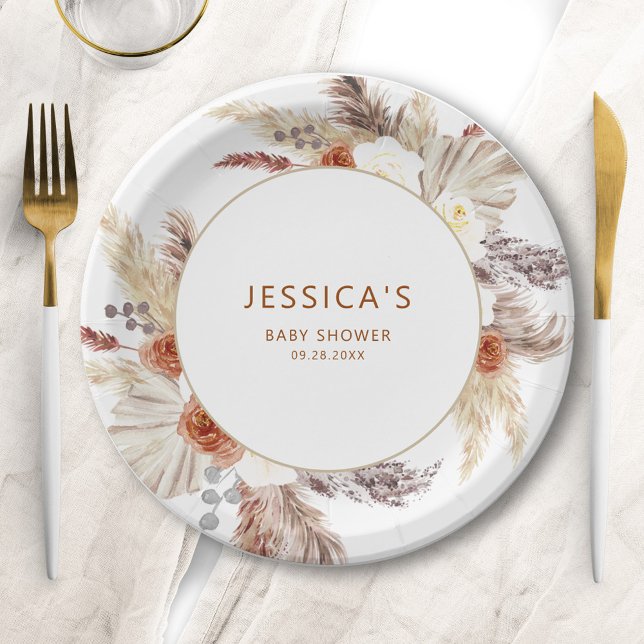 Assiettes En Carton Boho Terracotta Pampas Baby shower en herbe (Créateur téléchargé)