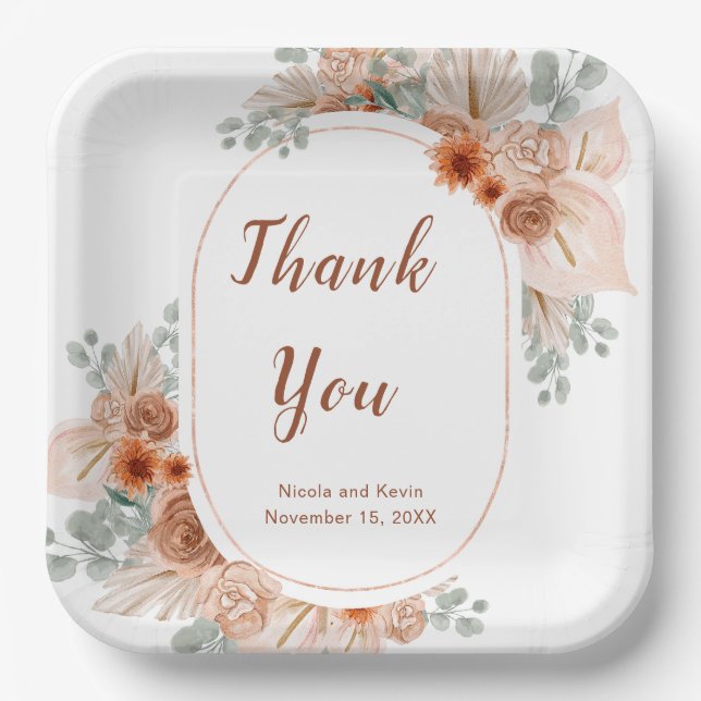 Assiettes En Carton Boho Terracotta Pampas Herbe (Recto)