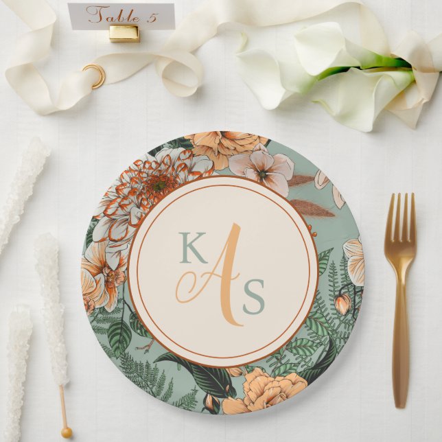 Assiettes En Carton Boho Terracotta Sage Monogramme Mariage de automne (Mariage)