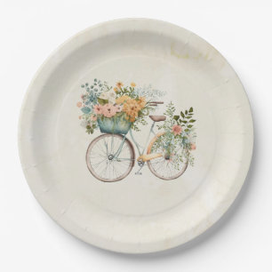 Assiettes En Carton Boho Vélo Vintage avec Panier à fleurs Aquarelle