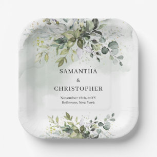Assiettes En Carton Boho vert et or eucalyptus feuillage chic