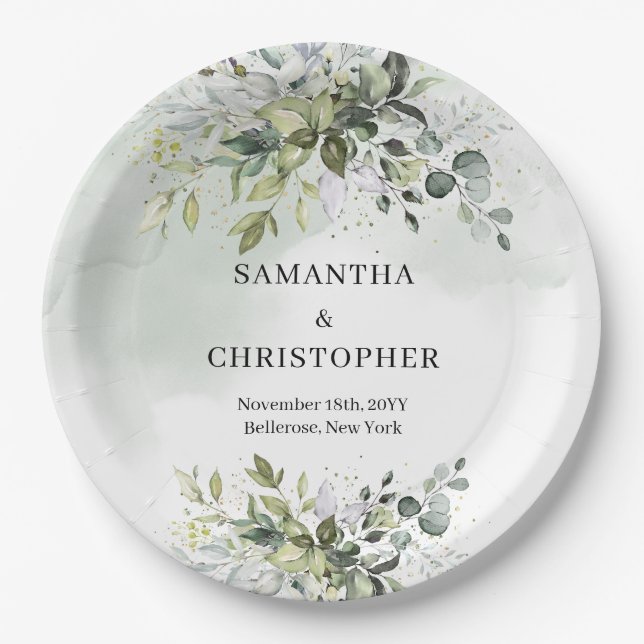 Assiettes En Carton Boho vert et or eucalyptus feuillage chic (Devant)