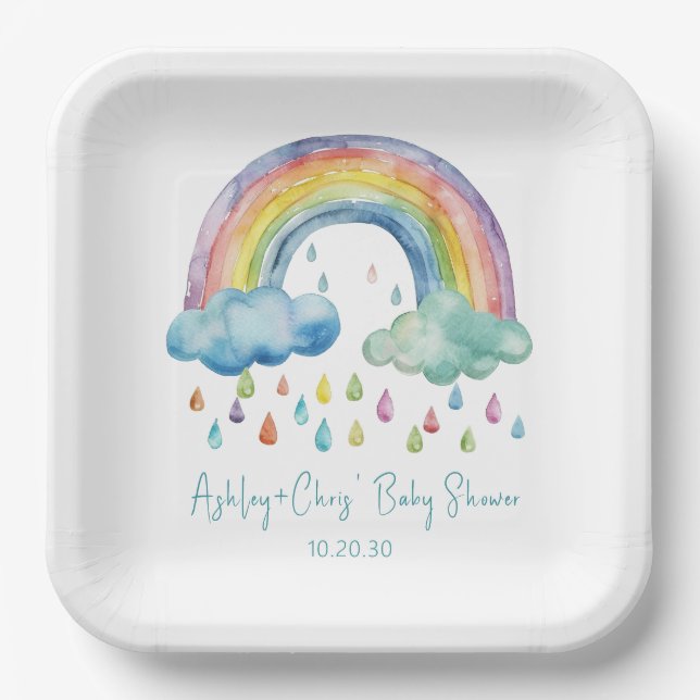 Assiettes En Carton Boho Watercolor Rainbow Baby shower (Recto)