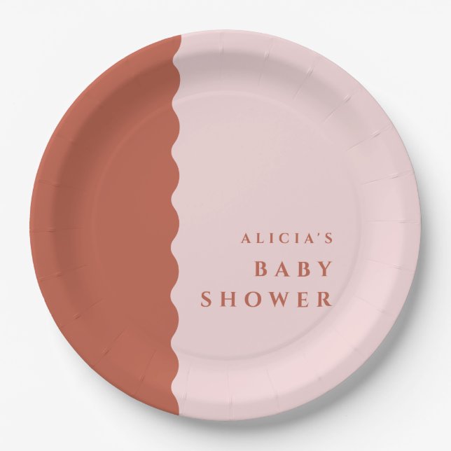 Assiettes En Carton Boho Wavy Edge Terracotta & Baby shower Blush (Devant)