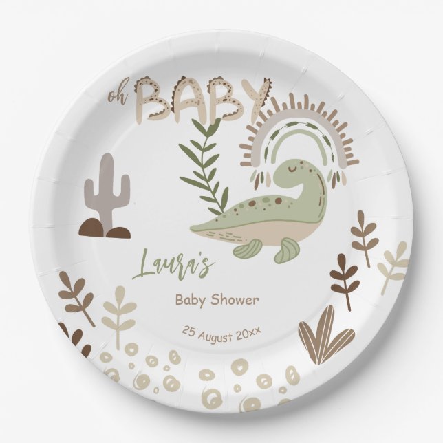 Assiettes En Carton Boho whimsar dinosaure oh baby shower bébé (Devant)