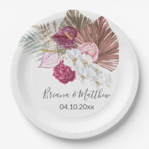Assiettes En Carton Boho White Orchidées Bourgogne Floral Mariage
