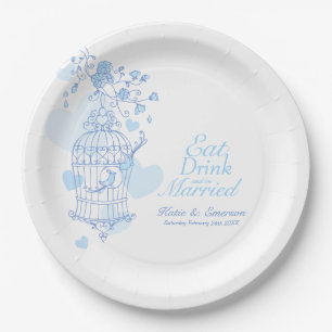 Assiettes En Carton Boire à manger personnalisé bleu oiseaux cage mari