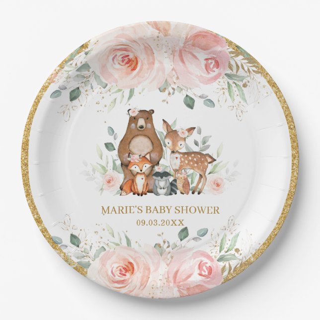 Assiettes En Carton Bois Animaux Blush Floral Baby shower Anniversaire (Devant)