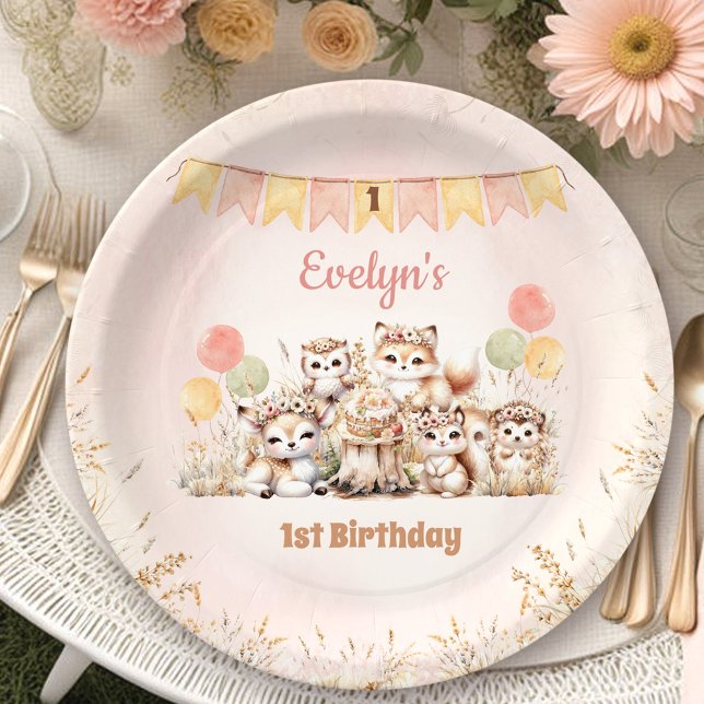 Assiettes En Carton Bois Animaux Boho Pastel Girl 1er anniversaire (Woodland Animals Boho Pastel Girl 1st Birthday Paper Plates)
