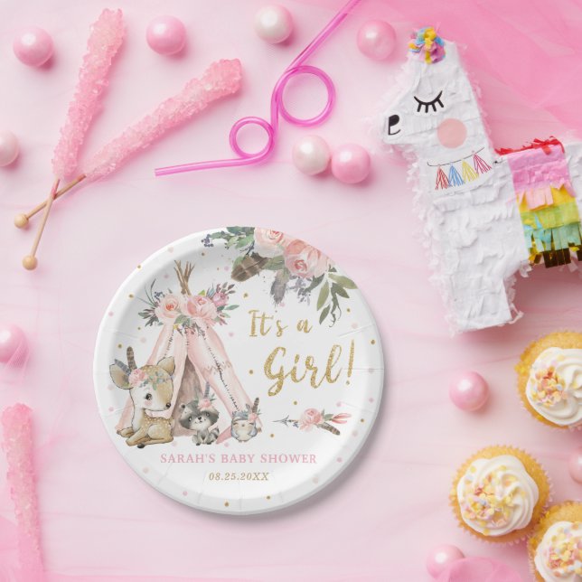 Assiettes En Carton Bois Animaux Boho Tribal Girl Baby shower Pap (Fête)