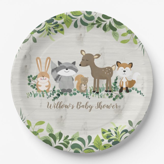 Assiettes En Carton Bois Animaux Forêt Baby shower de verdure (Devant)