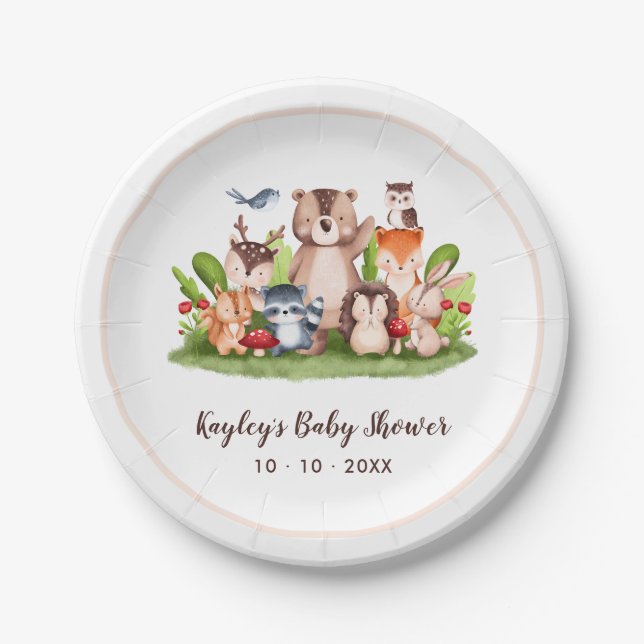 Assiettes En Carton Bois Animaux Garçon Baby shower Plaques en papier (Devant)