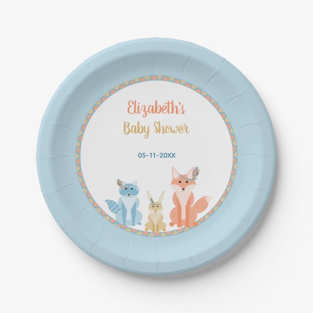 Assiettes En Carton Bois Animaux mignons Tribal Boho Boy Baby shower (Devant)