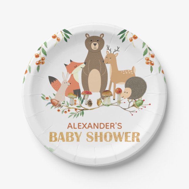 Assiettes En Carton Bois Baby shower Animaux forestiers (Devant)