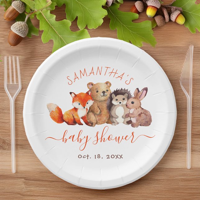 Assiettes En Carton Bois Baby shower Forêt mite Animal Rouge Script (Créateur téléchargé)