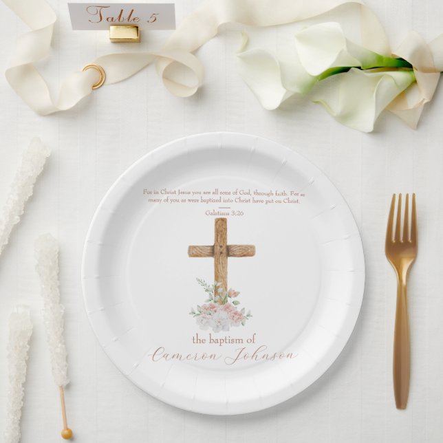Assiettes En Carton Bois Croix Blancs & Baptême BLANC Verse Bible (Mariage)