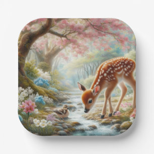 Assiettes En Carton Bois de printemps avec canard et faon/cerf