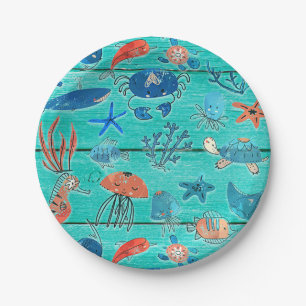Assiettes En Carton Bois de teinte bleue rustique et amis fantaisistes