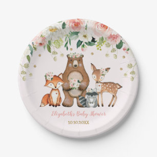 Assiettes En Carton Bois d'or rose Animaux Forêt Floral Baby Girl