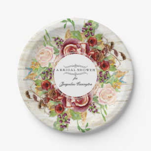 Assiettes En Carton Bois floral d'aquarelle de rose de Bourgogne de