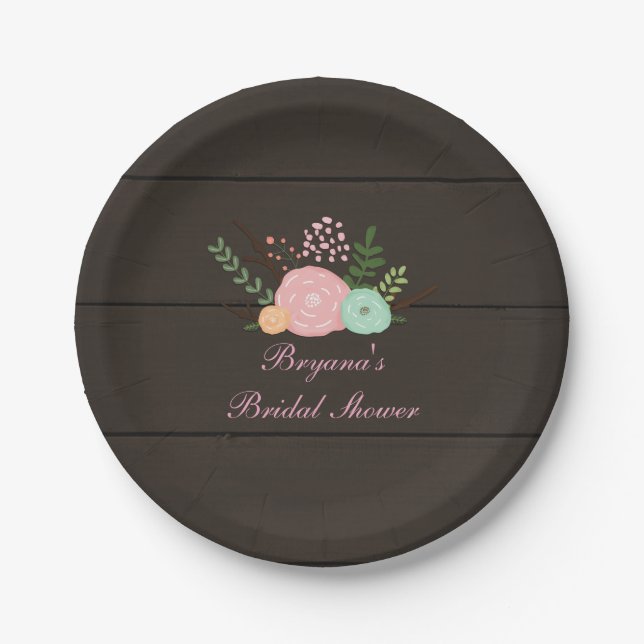 Assiettes En Carton Bois foncé & Plaques de papier chic floral rustiqu (Devant)