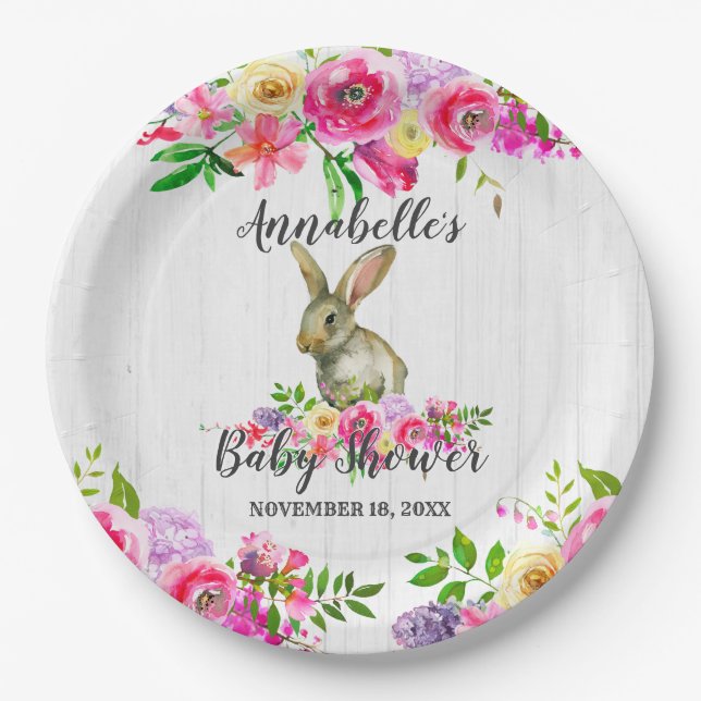 Assiettes En Carton Bois Lapin Lapin Aquarelle Floral Babal Showe (Devant)