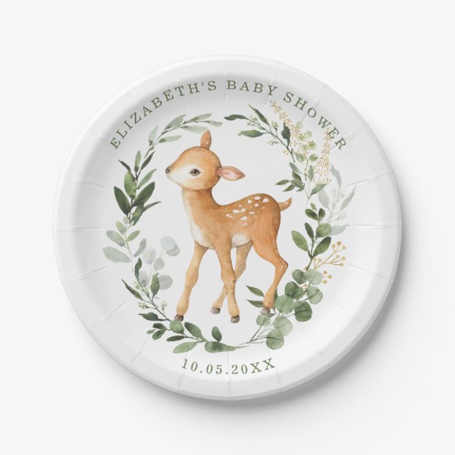 Assiettes En Carton Bois moderne Bébé Cerf Aquarelle Vert Or (Devant)