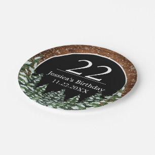Assiettes En Carton Bois neigeux noir et pin forestier Joyeux annivers