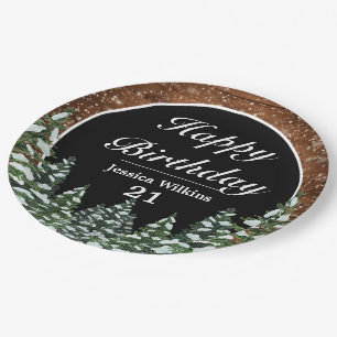Assiettes En Carton Bois neigeux noir et pin forestier Joyeux annivers