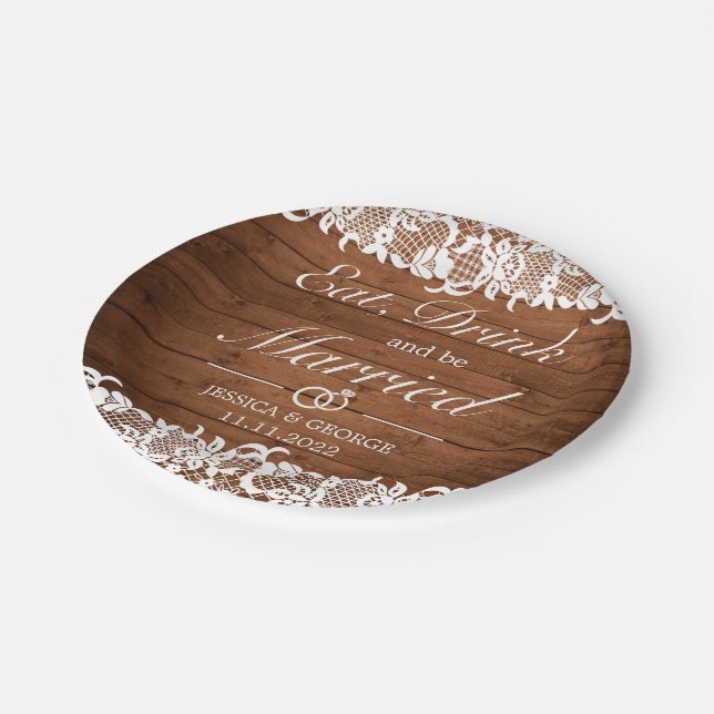 Assiettes En Carton Bois rustique & dentelle blanche Manger Boire Mari (Angle)