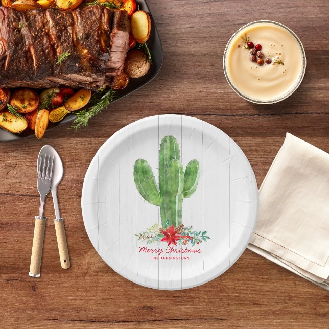 Assiettes En Carton Bois rustique Floral Cactus Noël (Rustic Wood Floral Cactus Christmas Paper Plates)