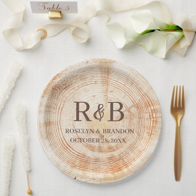 Assiettes En Carton Bois Rustique Mariage Personnalisé Noms Monogramme (Mariage)
