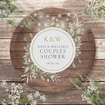 Assiettes En Carton Bois rustique Monogramme Verdure Couples Douche<br><div class="desc">Avec de jolies lampes à cordes et de délicats feuilles de verdure aquarelée sur un arrière - plan en bois rustique,  ces chic couples botaniques plaques de papier douche peuvent être personnalisés avec vos initiales monogrammes et des détails spéciaux de douche couples. Conçu par Thisisnotme</div>