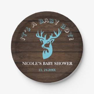 Assiettes En Carton Bois rustique Thème Bleu Cerf Bébé Garçon Douche