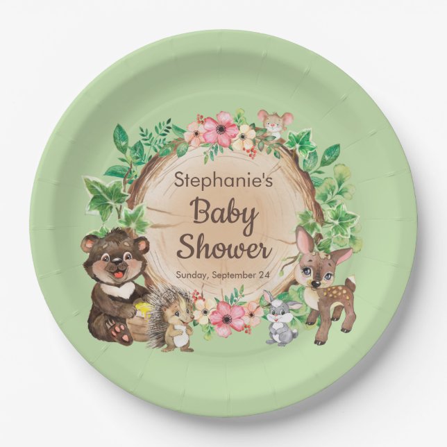 Assiettes En Carton Bois vert Animaux rustiques Baby shower neutre (Devant)