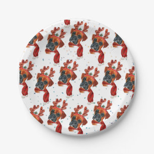 Assiettes En Carton Boîte à Mignardise Chien Boxer avec Bois de Renne 