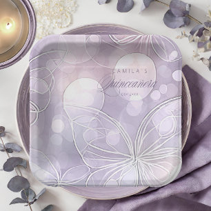 Assiettes En Carton Bokeh et papillon Quinceanera Lavender ID1030