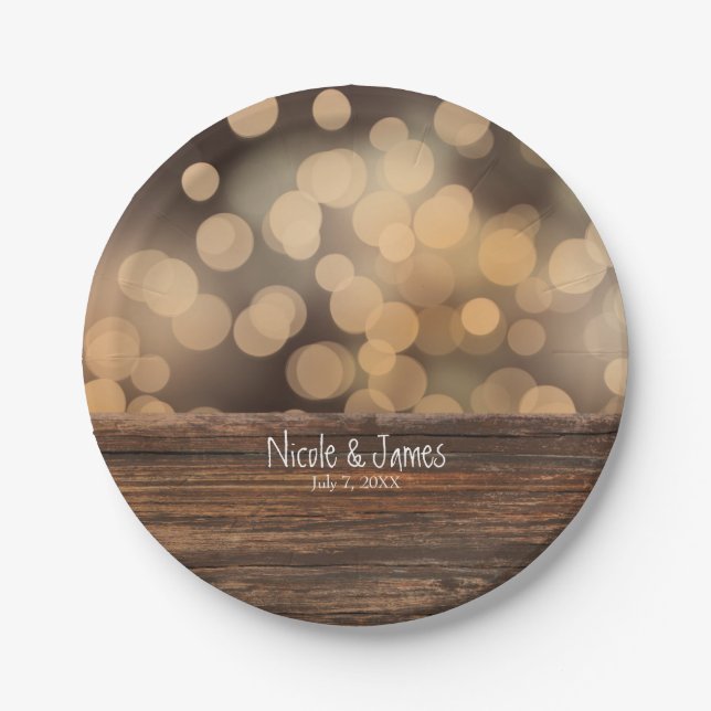 Assiettes En Carton Bokeh Lights & Wood Rustic Sparkle Mariage (Devant)