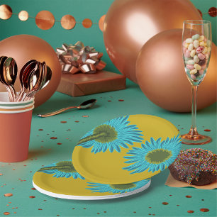 Assiettes En Carton Bold Blue Daisy Art sur Mustard Yellow Arrière - p