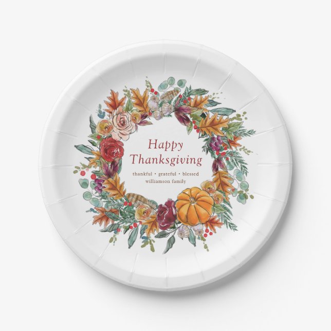 Assiettes En Carton bon thanksgiving Aquarelle Chute Citrouille Wreath (Devant)
