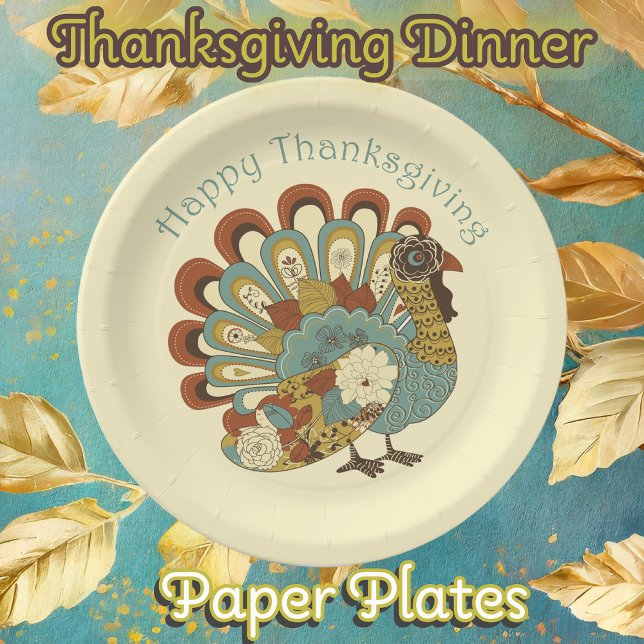 Assiettes En Carton Bon thanksgiving Couleur Muet Tige Plaque en papie (Thanksgiving Dinner Paper plates with a cute modern muted fall colored turkey)