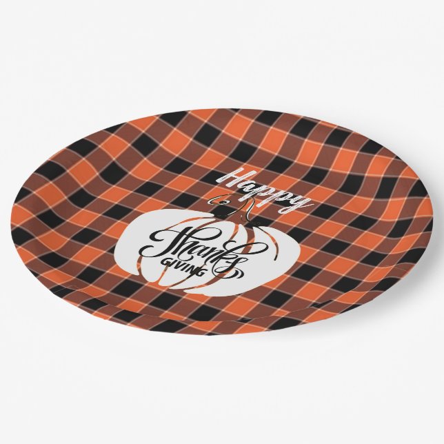 Assiettes En Carton Bon thanksgiving customisé Orange Buffalo Plaid (Angle)