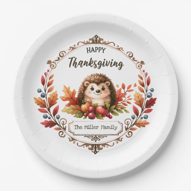 Assiettes En Carton Bon thanksgiving de hérisson mignon personnalisé (Devant)