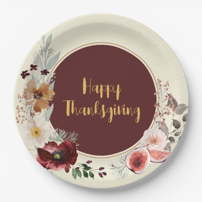 Assiettes En Carton Bon thanksgiving Fleurs et Figues d'automne (Devant)