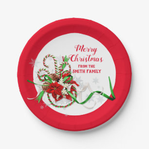 Assiettes En Carton Bonbon de Noël Canne Poinsettia