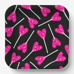 Assiettes En Carton bonbon sucette forme coeur rose noir