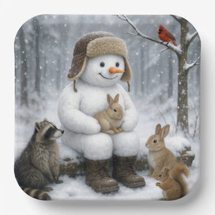 Assiettes En Carton Bonhomme de neige dans les bois hivernaux avec des