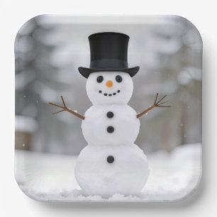 Assiettes En Carton Bonhomme de neige heureux portant un chapeau haut