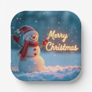 Assiettes En Carton Bonhomme de neige joyeux Noël avec enseigne au néo